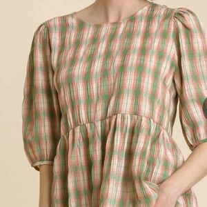 Umgee Plaid Blouse - Green and Pink